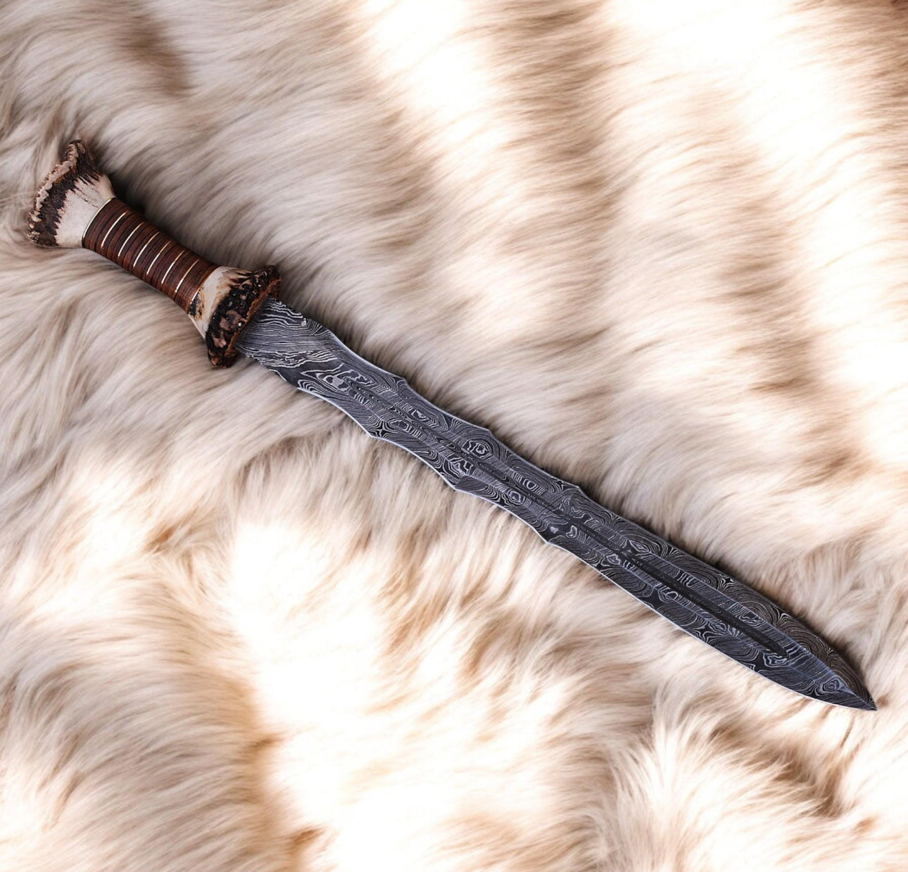 Damascus Steel Viking Sword Custom Handmade with Stag Horn Handle Unique Blades Runner