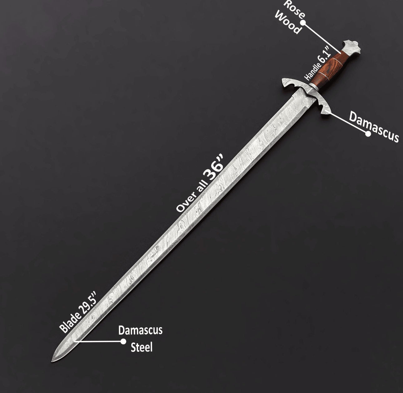 Handmade Damascus Steel Sword 36" – Full Tang Medieval Blade with Rosewood Handle Unique Blades Runner