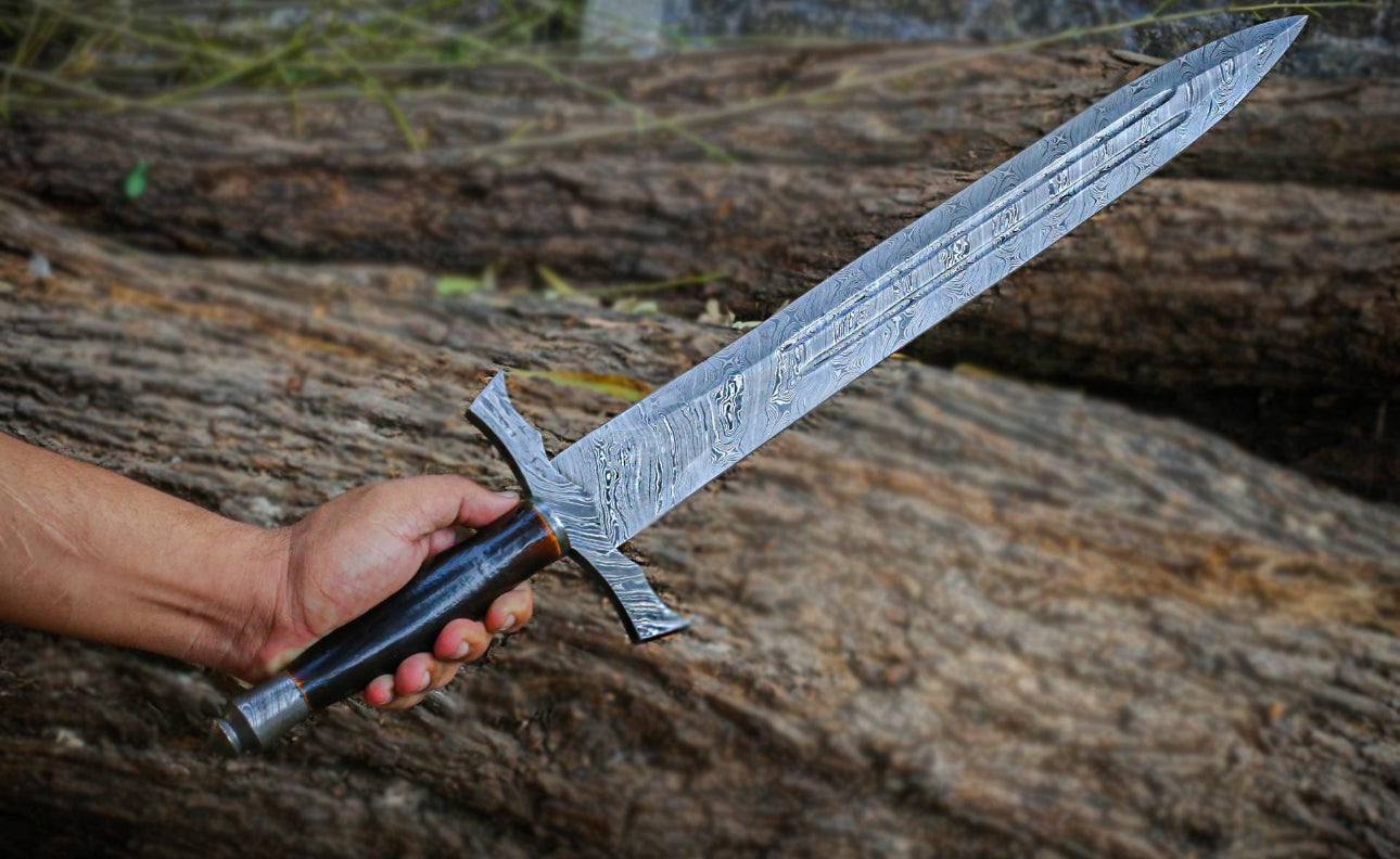 Custom Handmade Damascus Steel Fantasy Longsword with Leather Sheath Unique Blades Runner