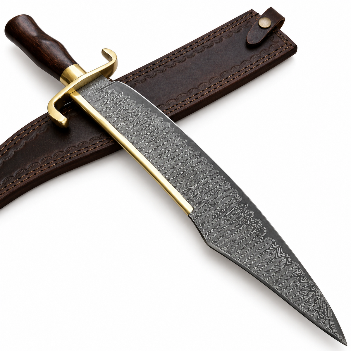 James Bowie knife with 12-inch Damascus blade beside its leather sheath