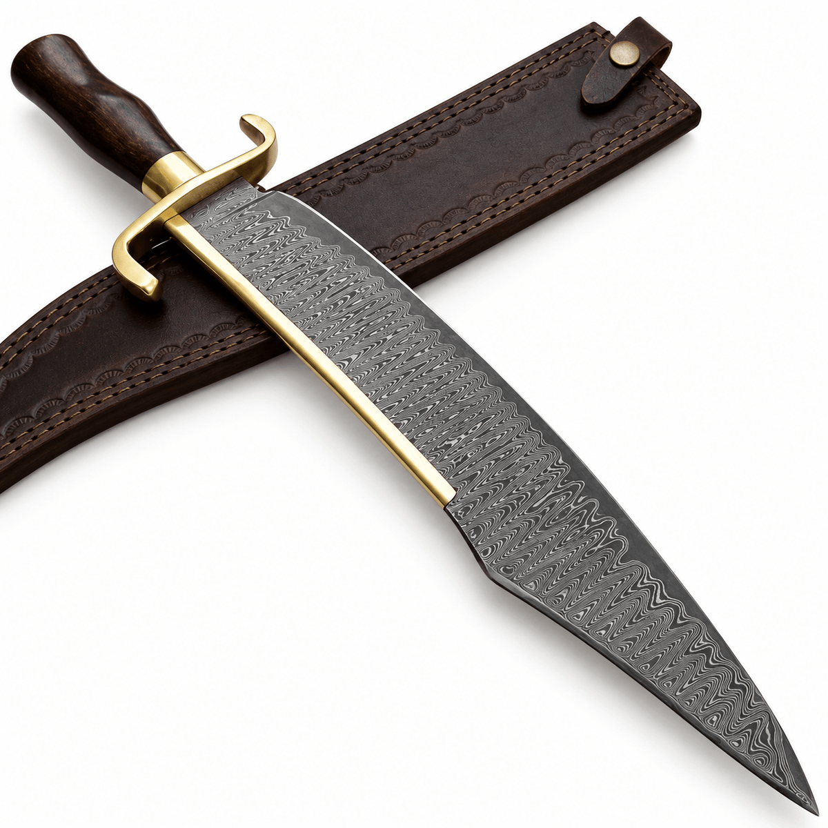 James Bowie knife with 12-inch Damascus blade beside its leather sheath