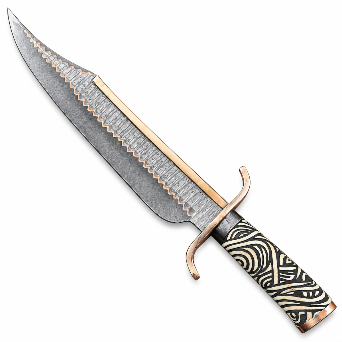Large copper Damascus Bowie knife on white background