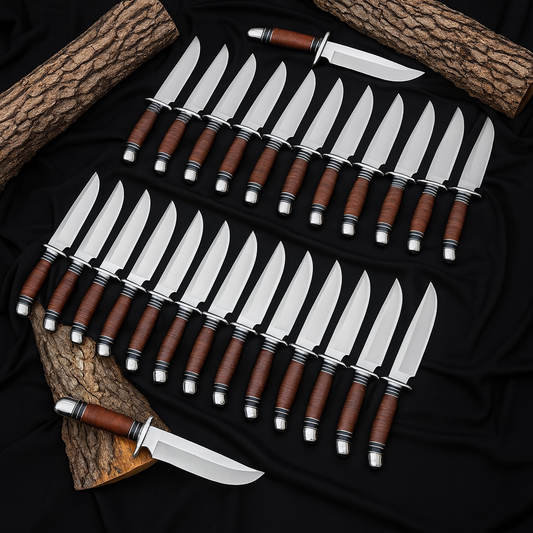 Lot of 25 Carbon Steel Hunting Knives | Leather Stacked Handle Knife Set Unique Blades Runner