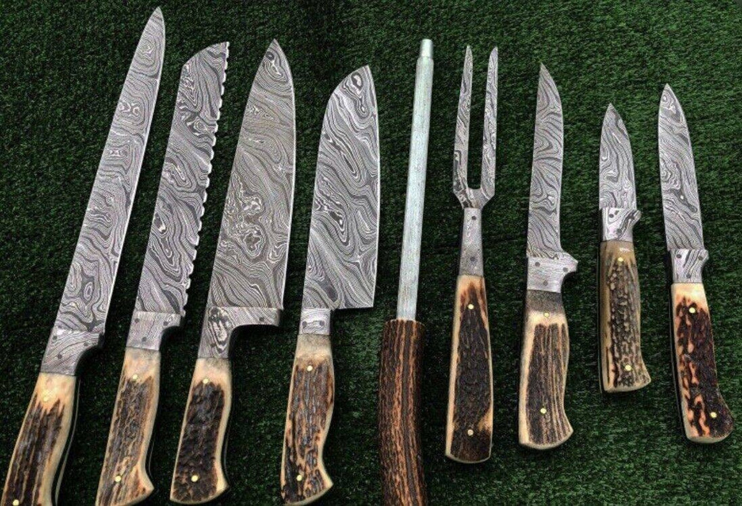 Premium Damascus Steel Butcher Knife Set with Stag Antler Handles – Hunting & BBQ Ready