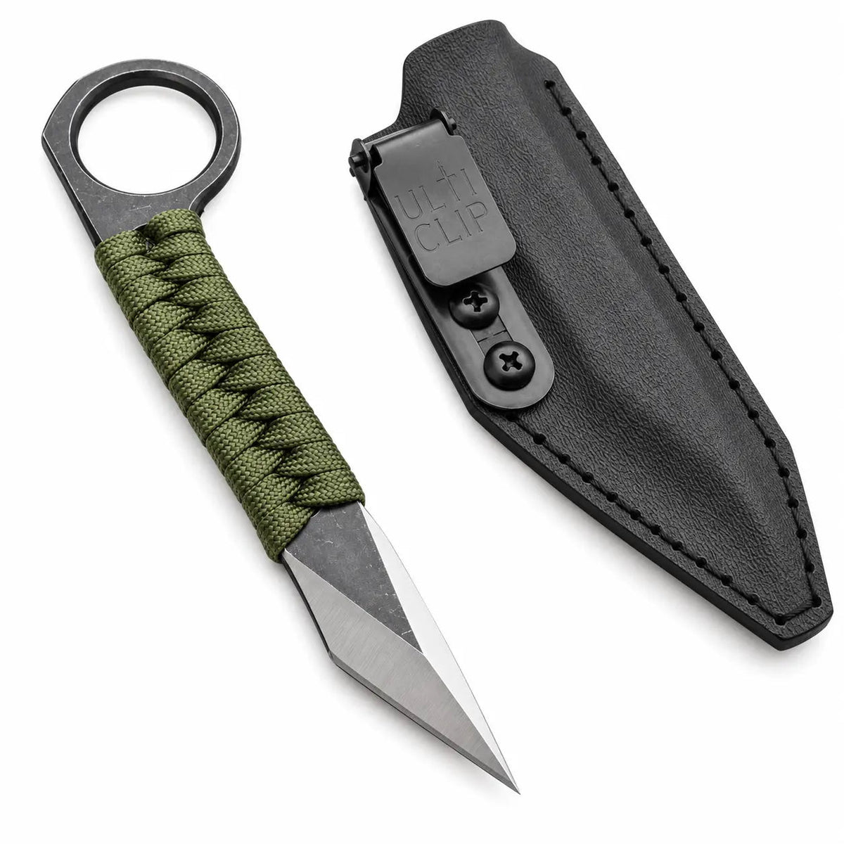 EDC Tactical Knife – Green Paracord Ring Handle Blade with Leather Sheath - Unique Blades Runner