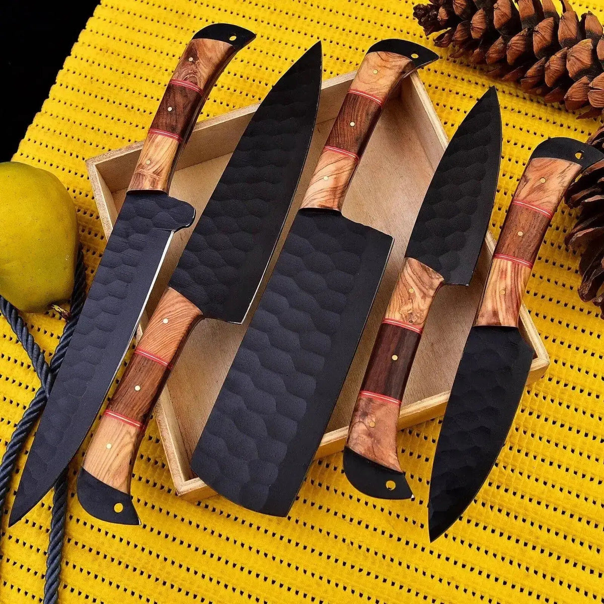 Hammered Black Chef Knife Set with Olive Wood Handles – 5 Piece Kitchen Set - Unique Blades Runner