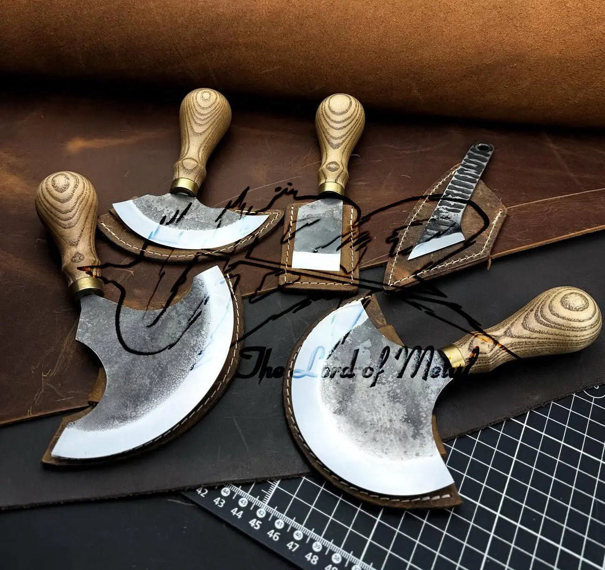 Handmade Leather Craft Knife Set – Ulu, Skiving & Kiridashi Knives with Wood Handles - Unique Blades Runner
