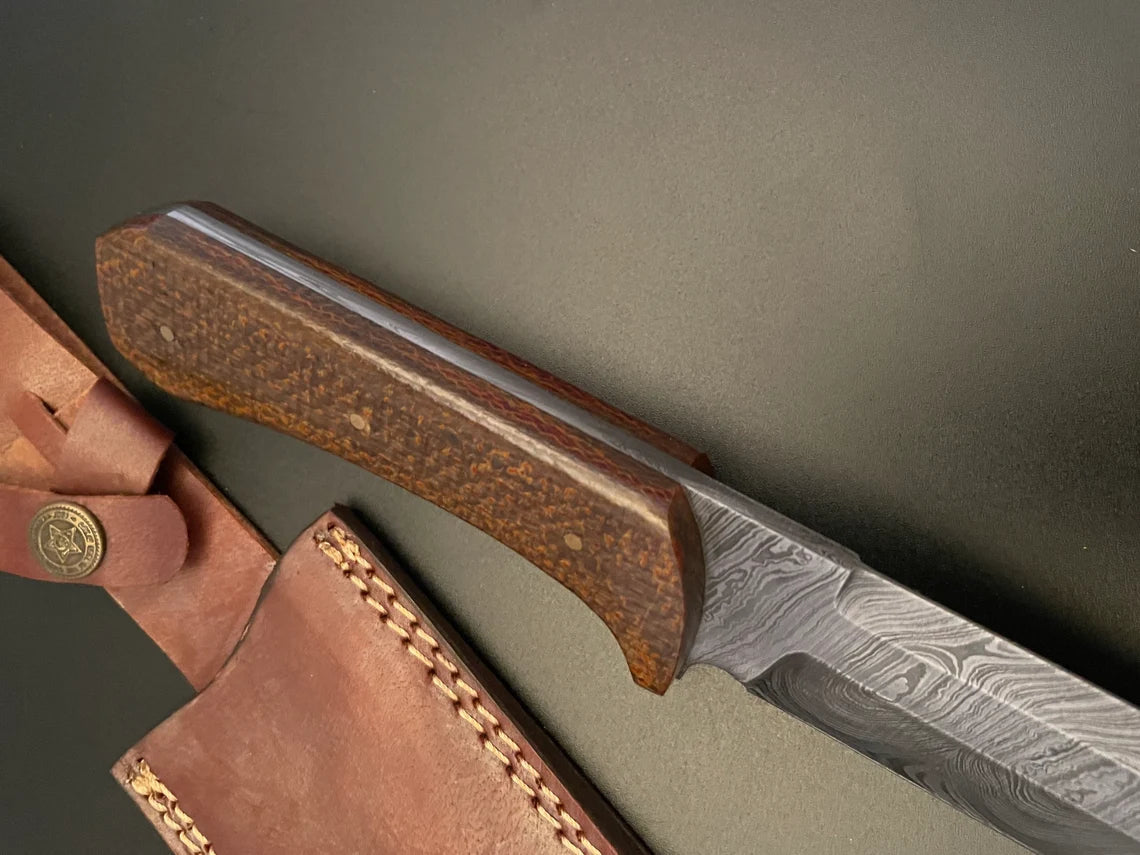 Viking Seax Knife – Damascus Steel Bowie Knife with Micarta Handle & Leather Sheath Unique Blades Runner
