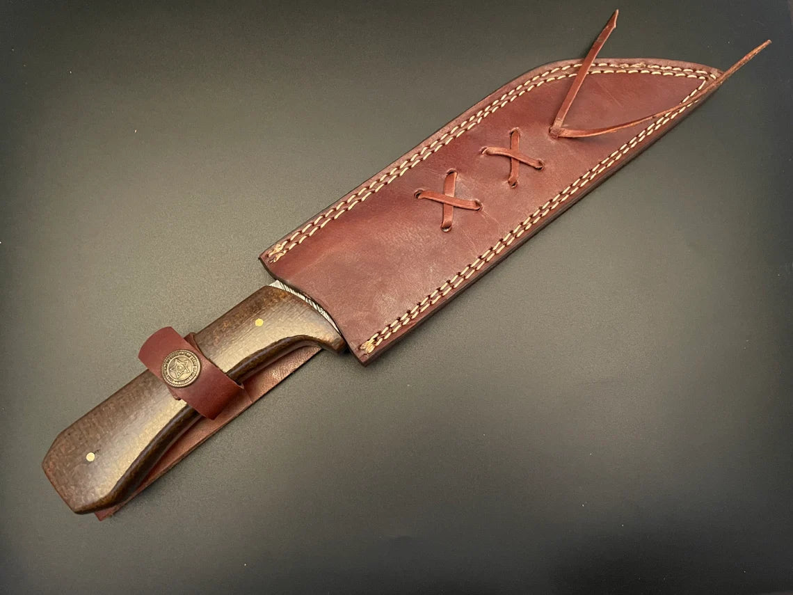 Viking Seax Knife – Damascus Steel Bowie Knife with Micarta Handle & Leather Sheath Unique Blades Runner