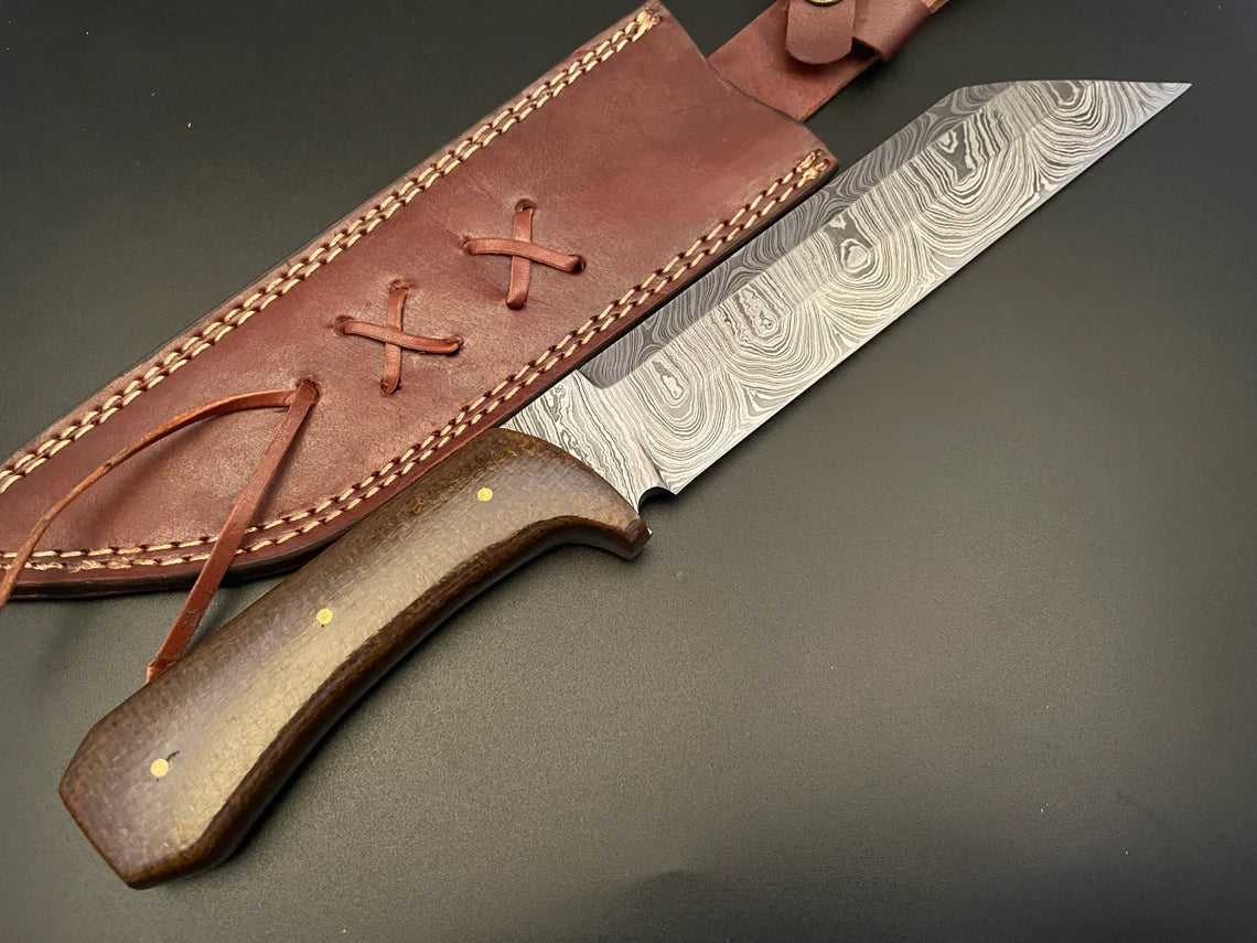 Viking Seax Knife – Damascus Steel Bowie Knife with Micarta Handle & Leather Sheath Unique Blades Runner