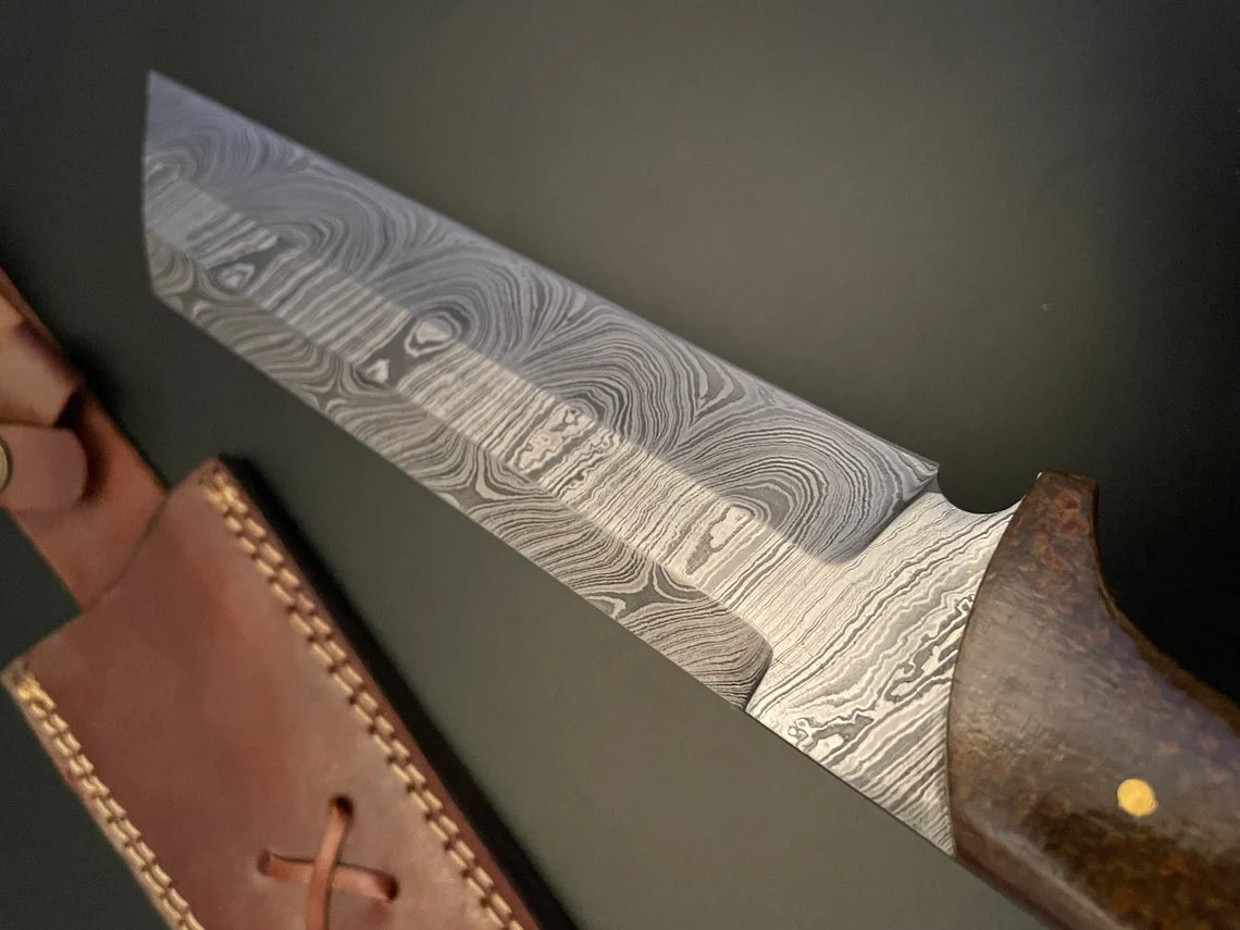 Viking Seax Knife – Damascus Steel Bowie Knife with Micarta Handle & Leather Sheath Unique Blades Runner