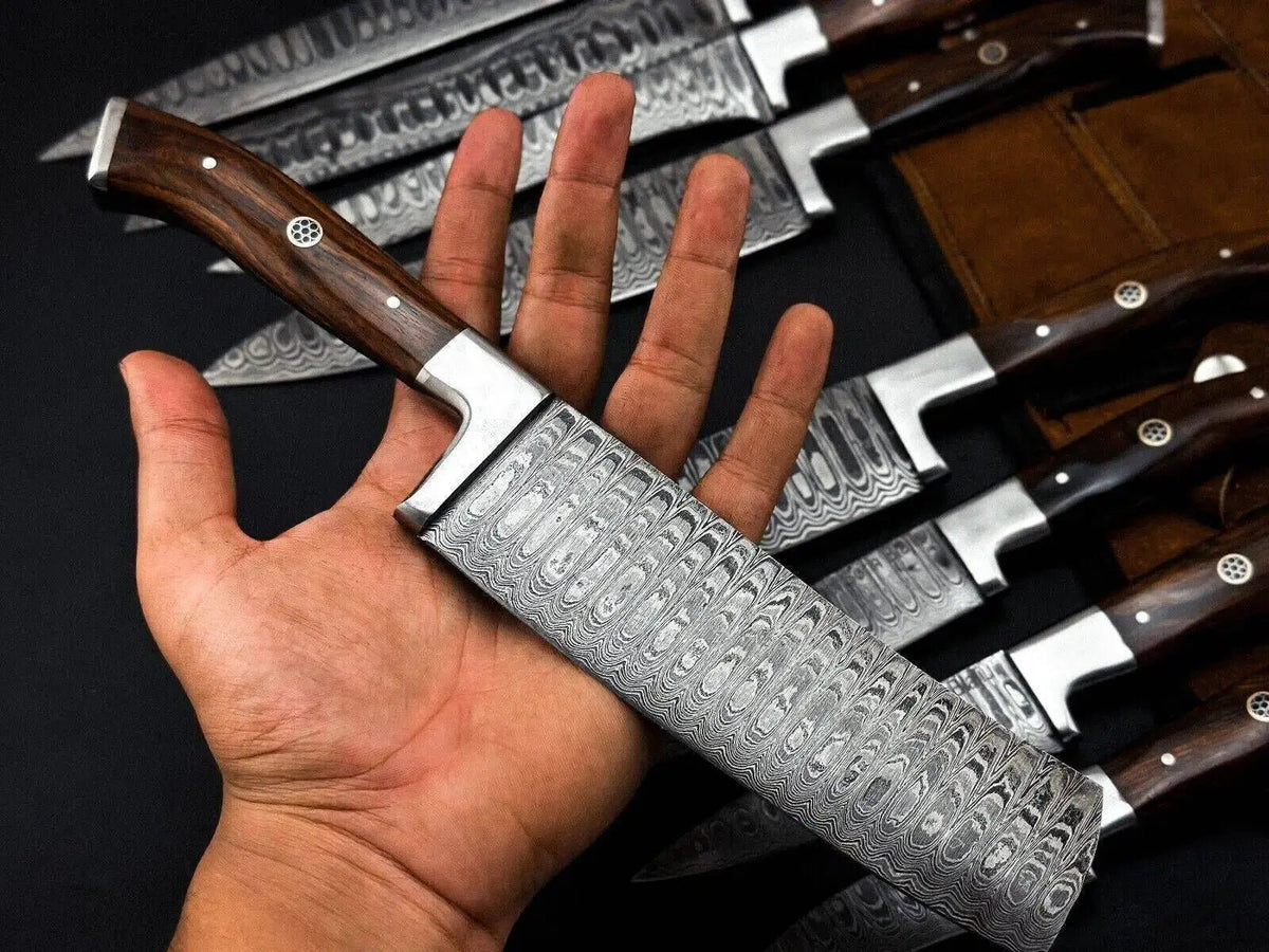 Premium Damascus Steel Chef Knife Set with Dark Rosewood Handle – Full Tang & Leather Roll - Unique Blades Runner