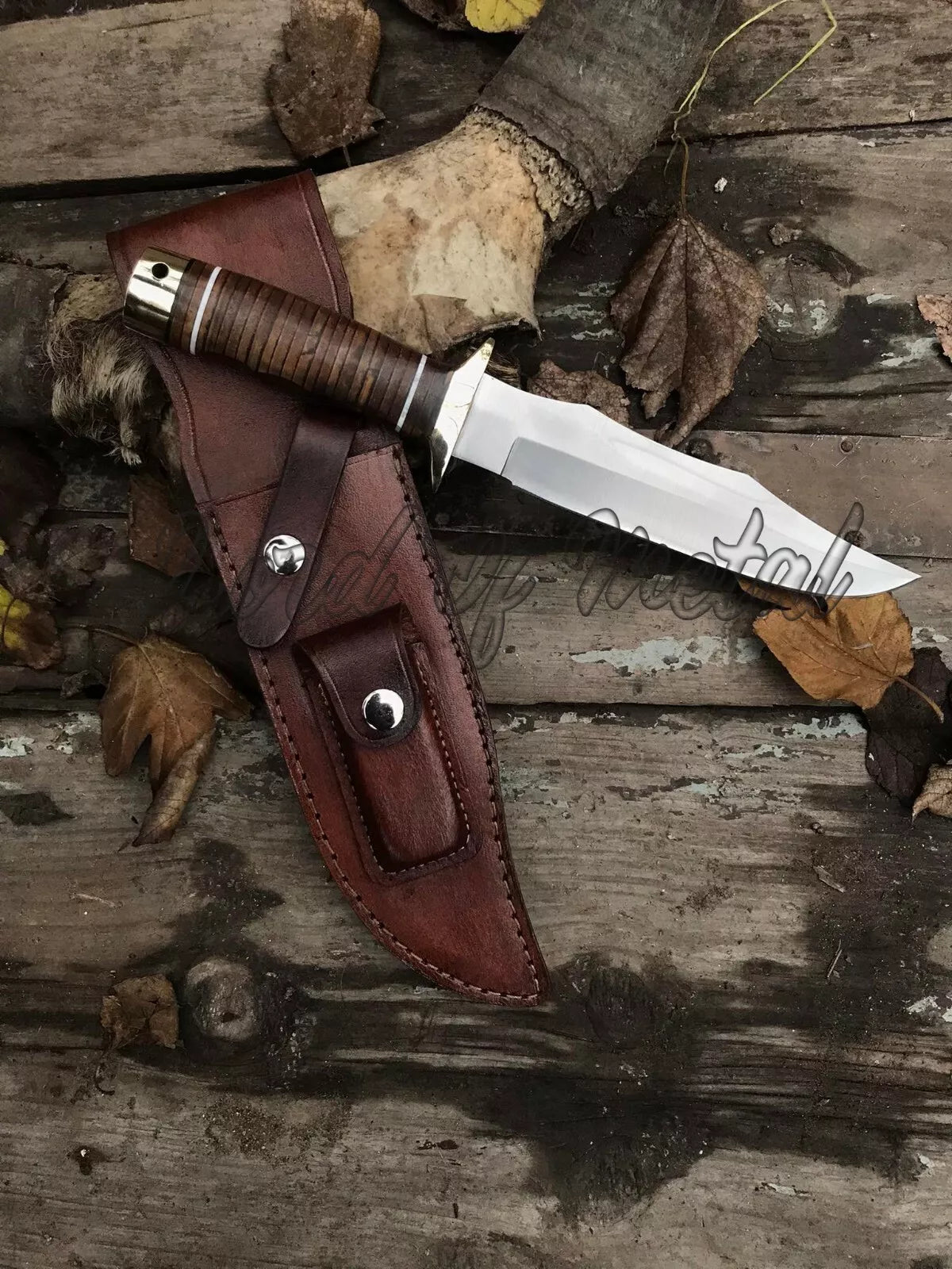 SOG Knife – Handmade D2 Steel Hunting Knife Stacked Leather Handle with Sheath Unique Blades Runner
