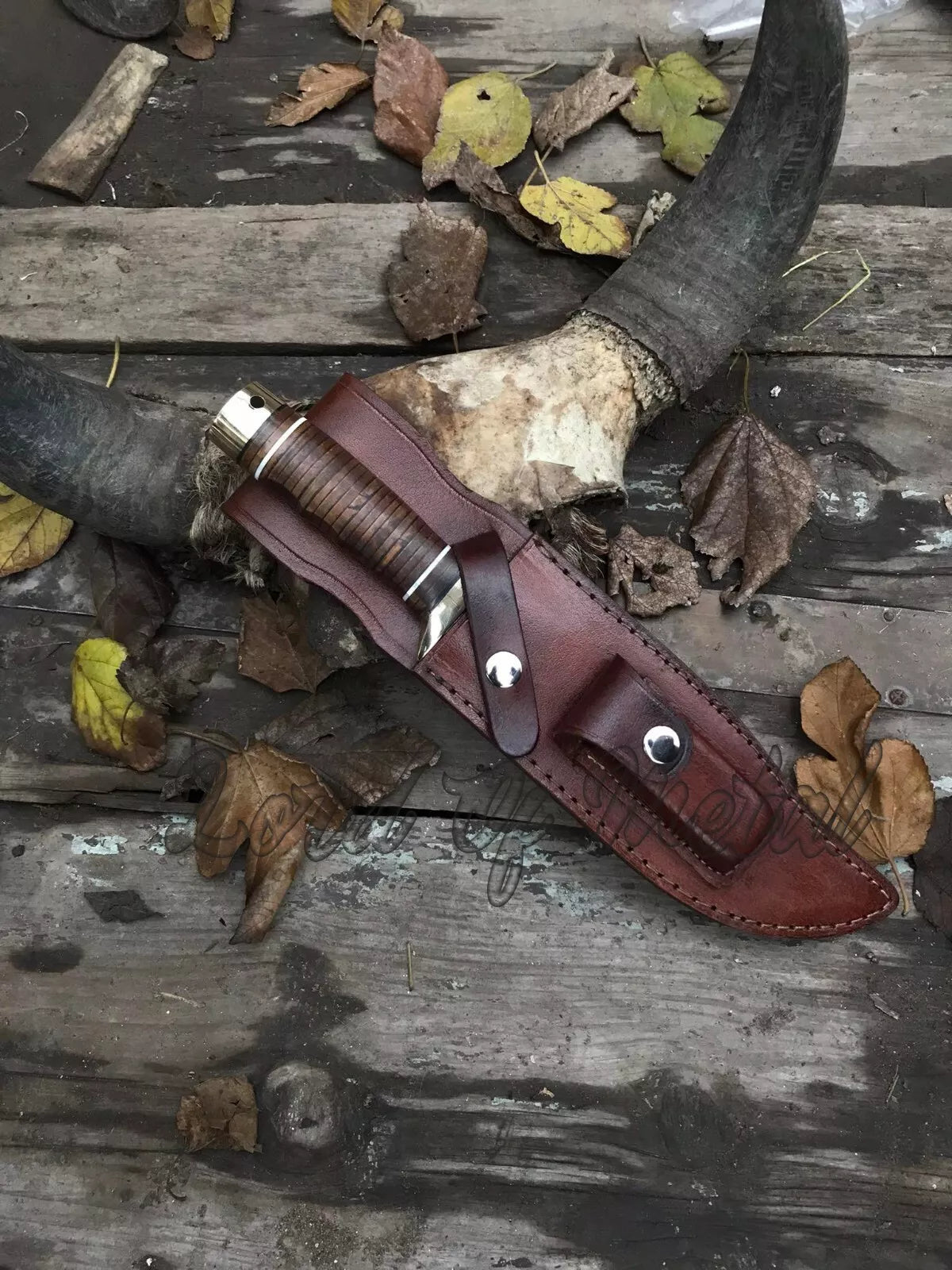 SOG Knife – Handmade D2 Steel Hunting Knife Stacked Leather Handle with Sheath Unique Blades Runner
