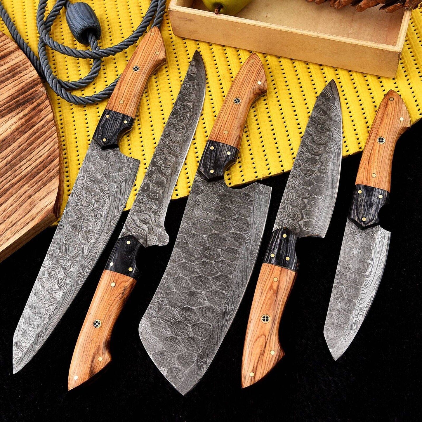 Handmade Damascus Steel Chef Knife Set with Olive Wood Handle – Full Tang Unique Blades Runner