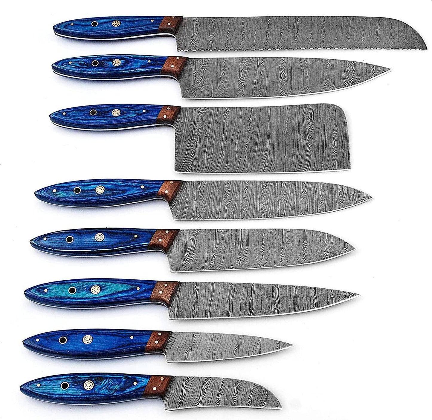 Damascus Steel Professional Knife Set with Blue Dyed Wood Handle – Chef Roll Included Unique Blades Runner
