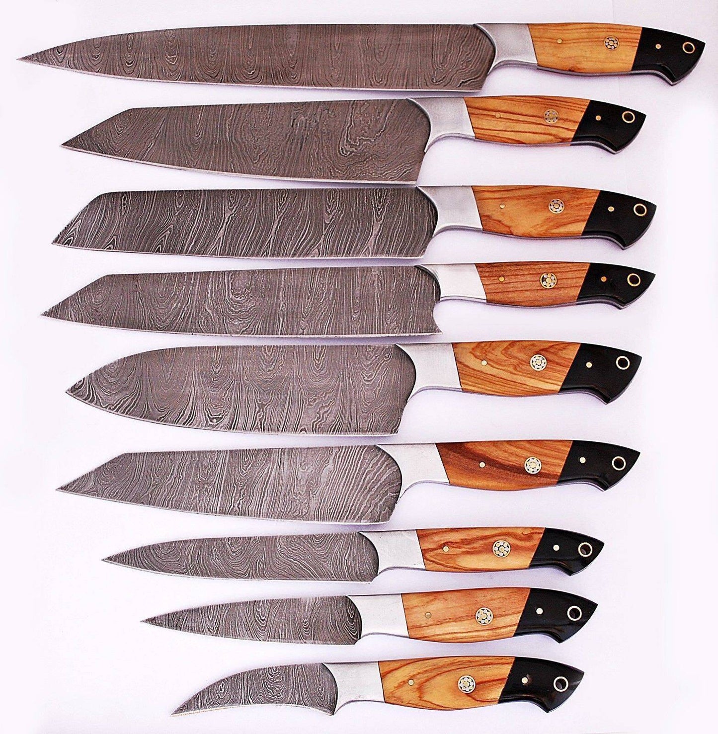Custom Damascus Steel Kitchen Knife Set with Olive Wood Handle – Full Tang Blades Unique Blades Runner