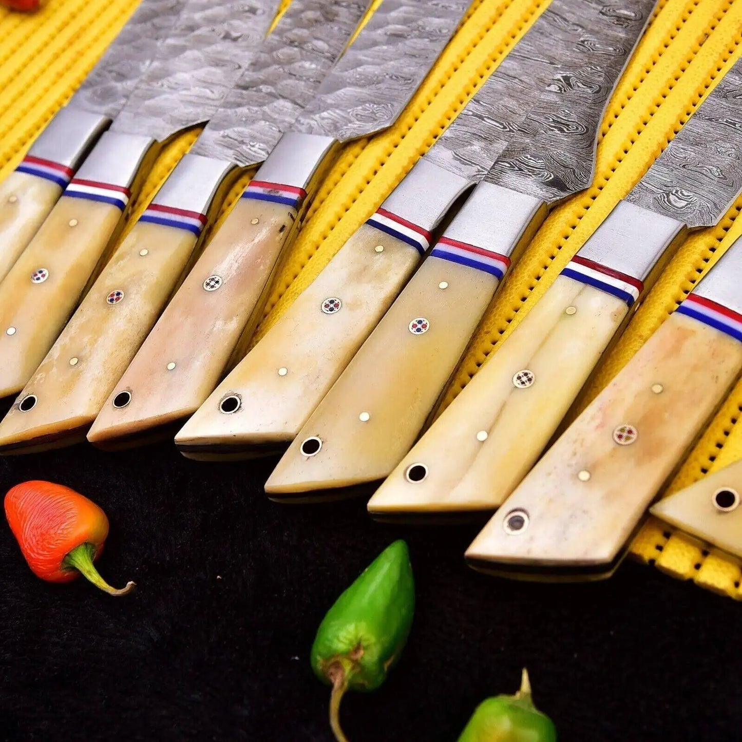 9-Piece Damascus Steel Chef Knife Set with Camel Bone Handle – Full Tang Kitchen Knives Unique Blades Runner