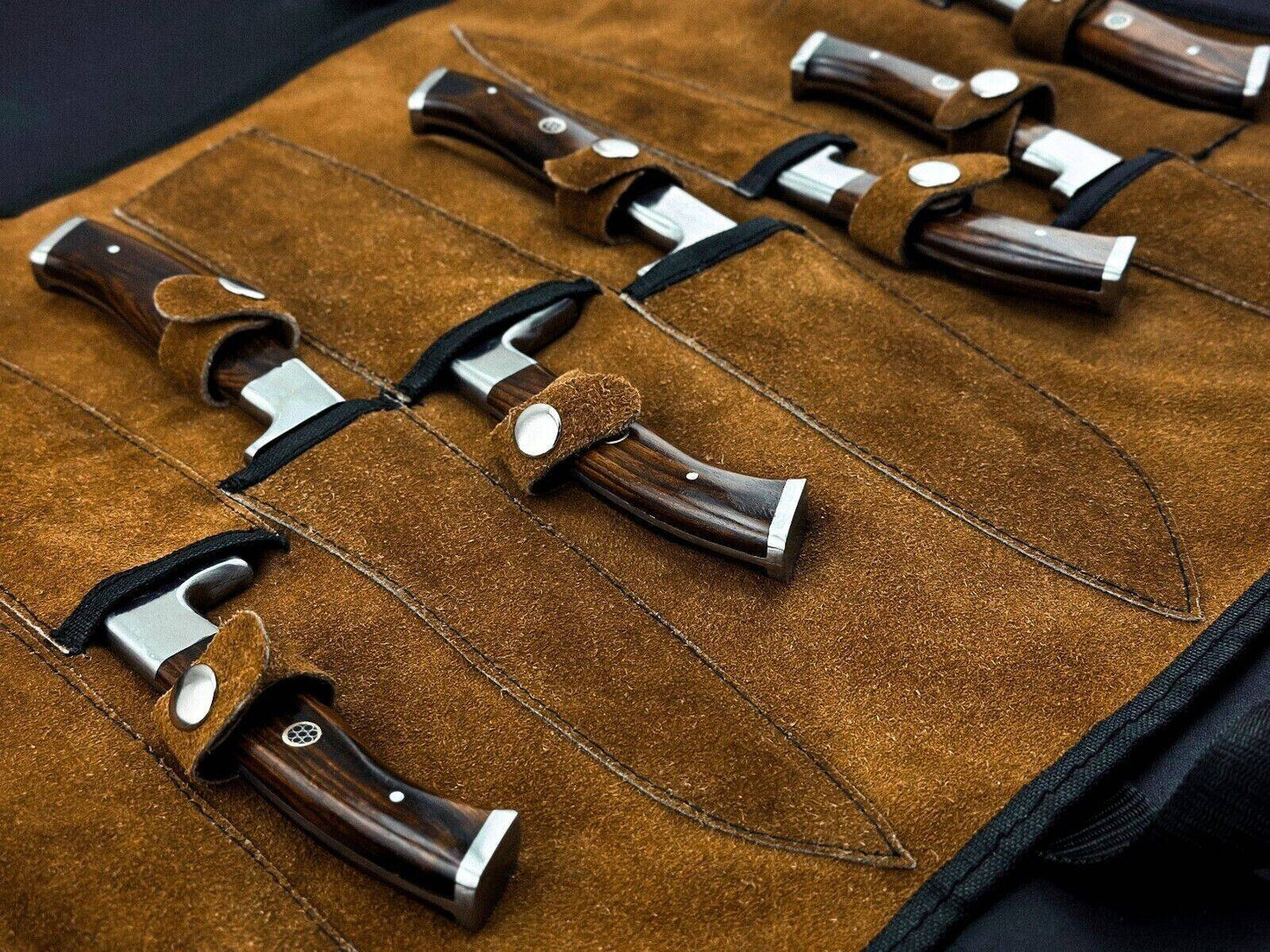 Premium Damascus Steel Chef Knife Set with Dark Rosewood Handle – Full Tang & Leather Roll Unique Blades Runner