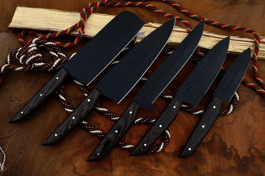 Black Coated Chef Knife Set with Wooden Handles – 5 Piece Kitchen Set Unique Blades Runner