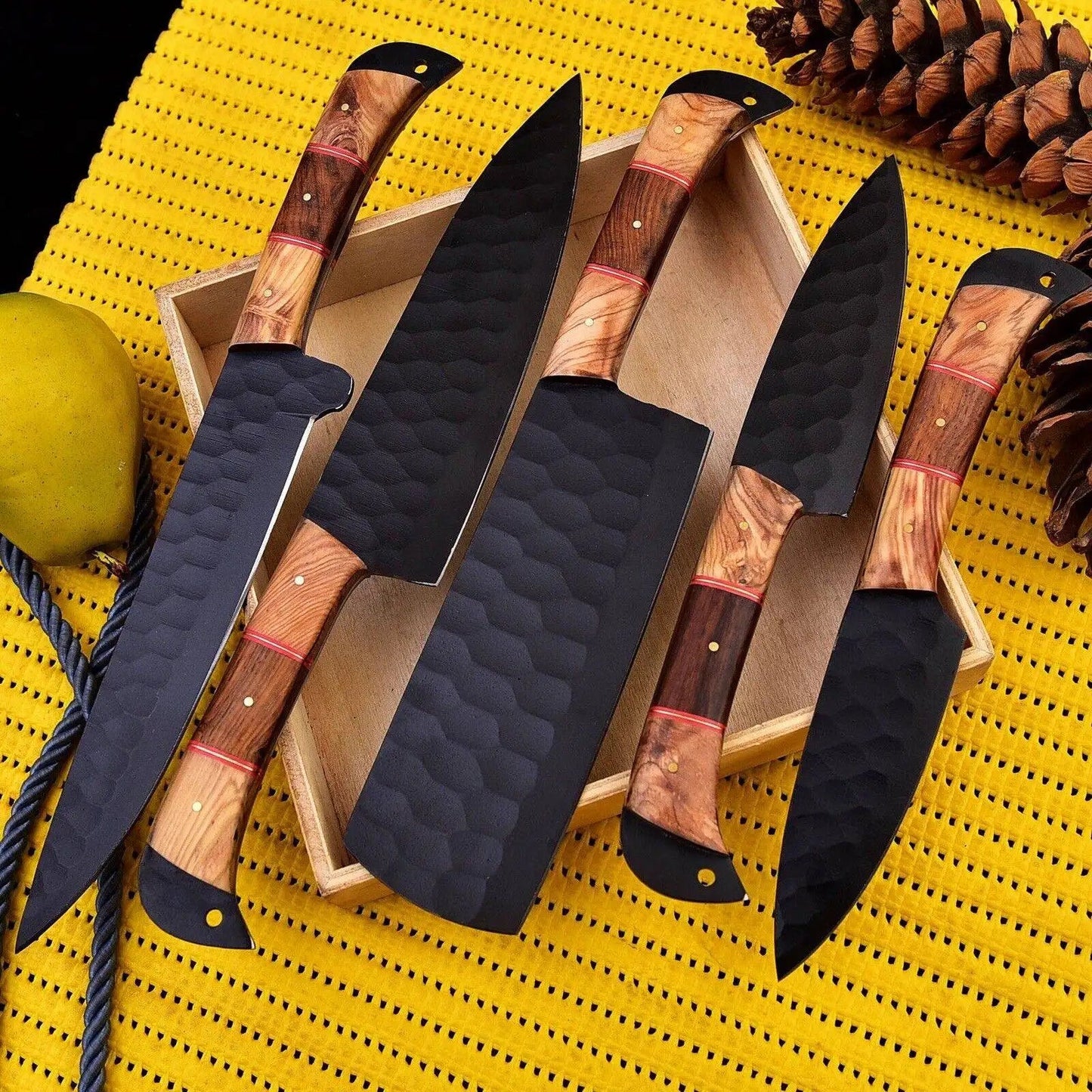 Hammered Black Chef Knife Set with Olive Wood Handles – 5 Piece Kitchen Set Unique Blades Runner