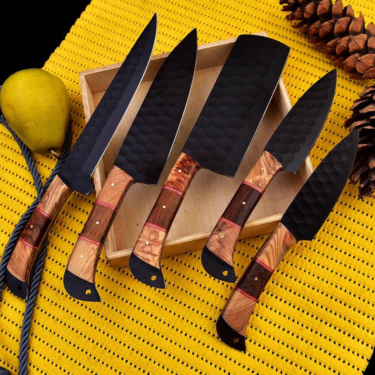 Hammered Black Chef Knife Set with Olive Wood Handles – 5 Piece Kitchen Set Unique Blades Runner
