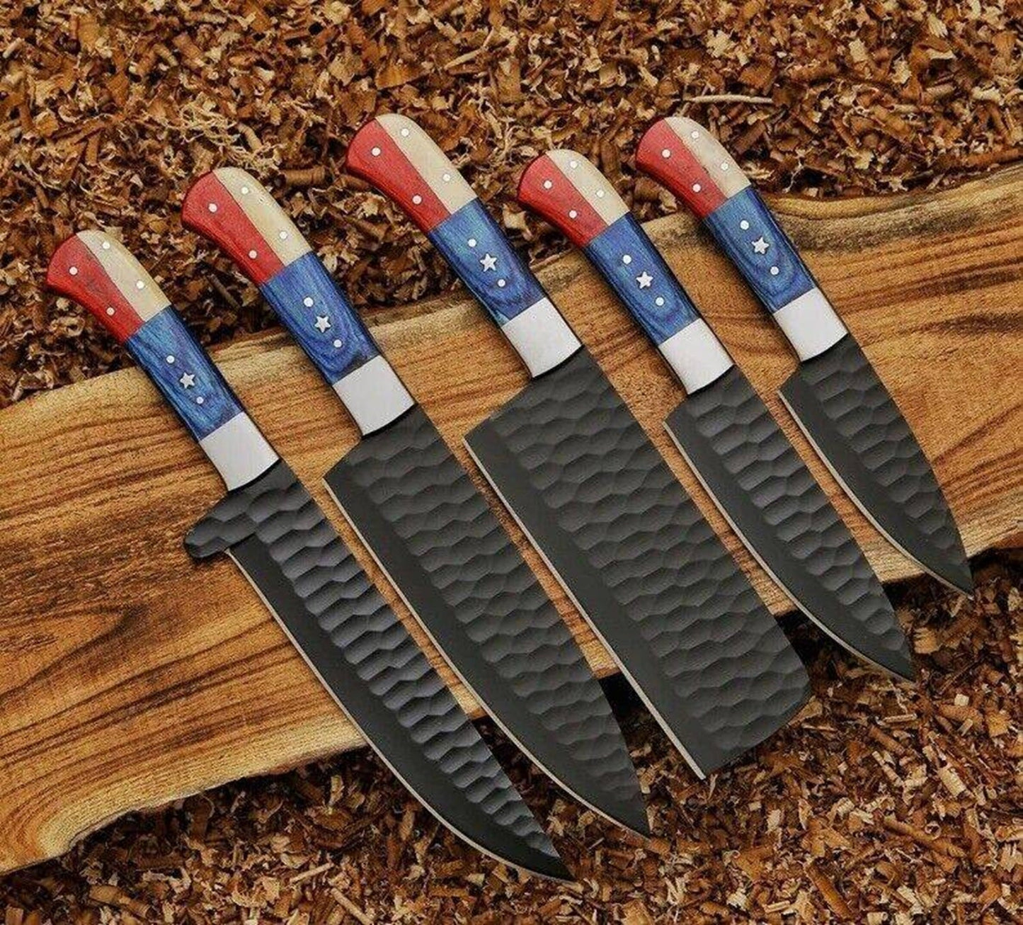 USA Flag Handle Kitchen Knife Set – Handmade Carbon Steel Chef Set with Black Coated Finish Unique Blades Runner