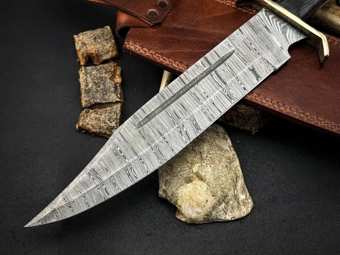 Timber Rattler Bowie Knife – Damascus Steel Bowie Knife with Micarta Handle & Leather Sheath Unique Blades Runner