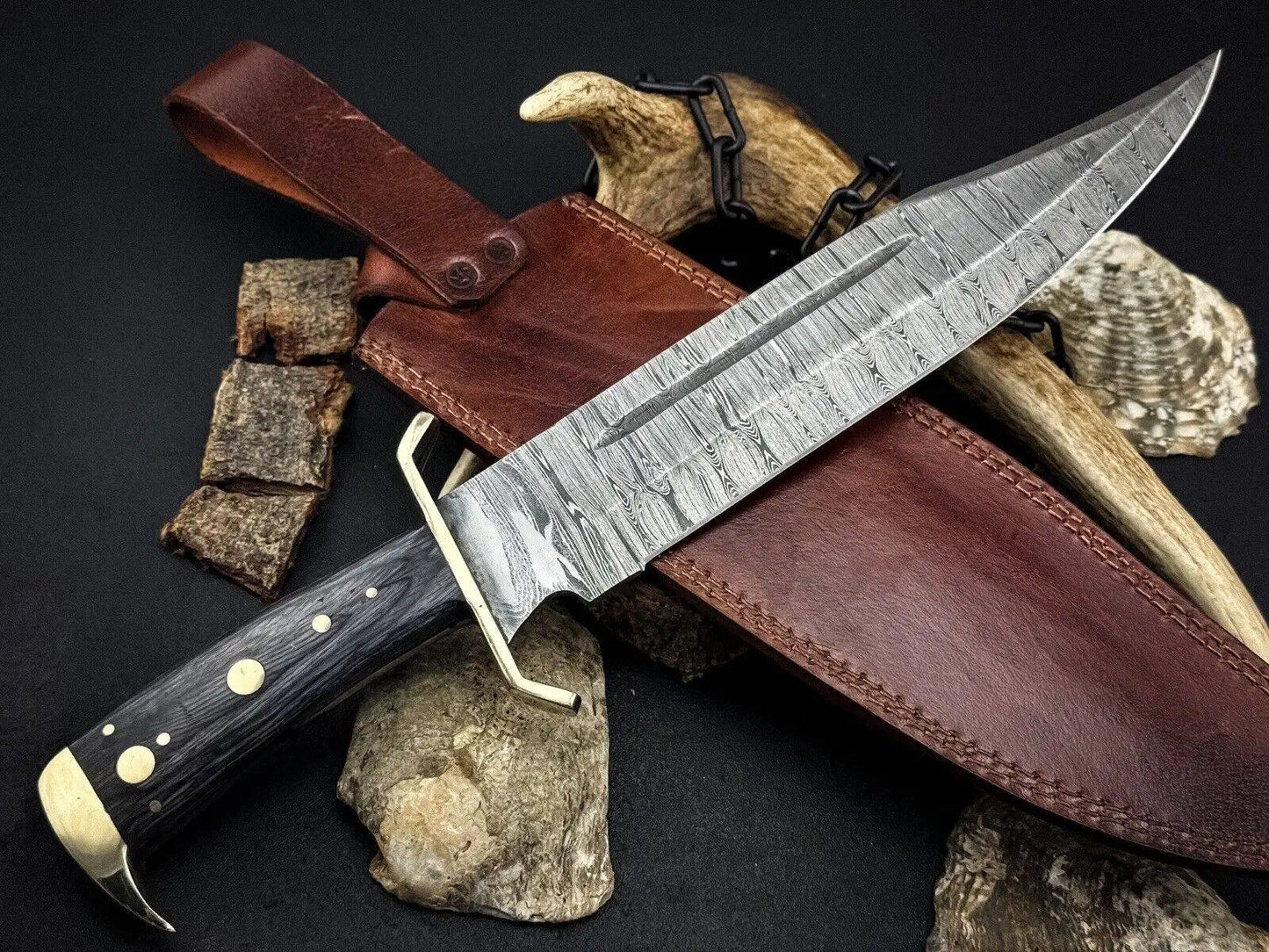 Timber Rattler Bowie Knife – Damascus Steel Bowie Knife with Micarta Handle & Leather Sheath Unique Blades Runner