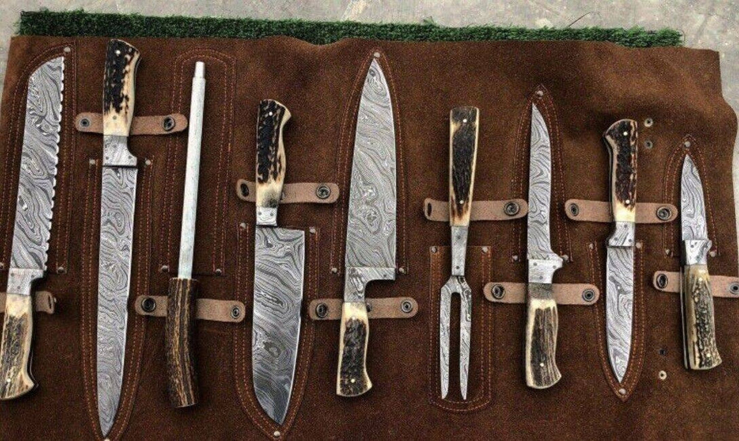 Premium Damascus Steel Butcher Knife Set with Stag Antler Handles – Hunting & BBQ Ready Unique Blades Runner