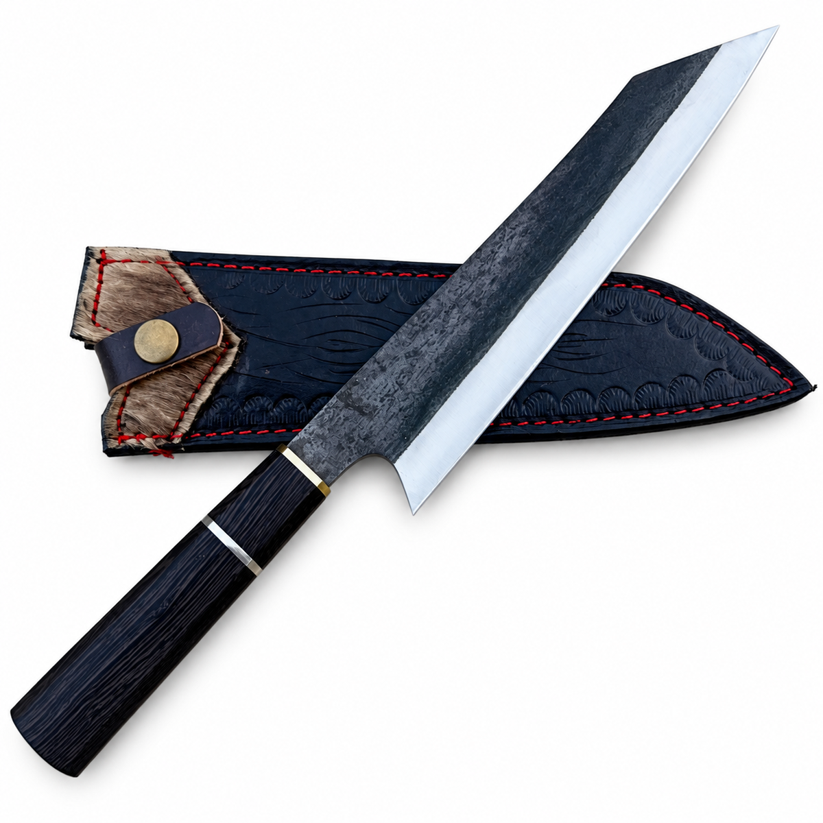 Wood handle with brass-tone ferrule and silver spacer on 12-inch kiritsuke
