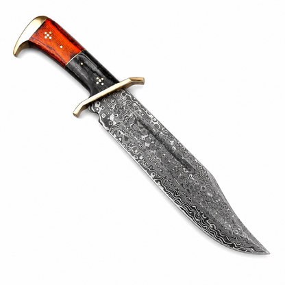 Timber Rattler Damascus Steel Bowie Knife with Brass Guard & Leather Sheath Unique Blades Runner