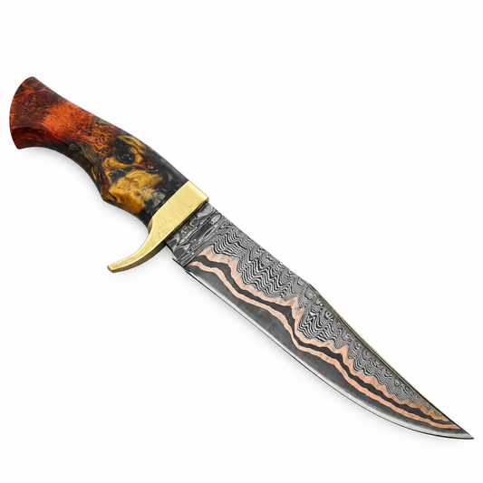 Copper Damascus Bowie Knife – Handmade, Resin Handle, Leather Sheath