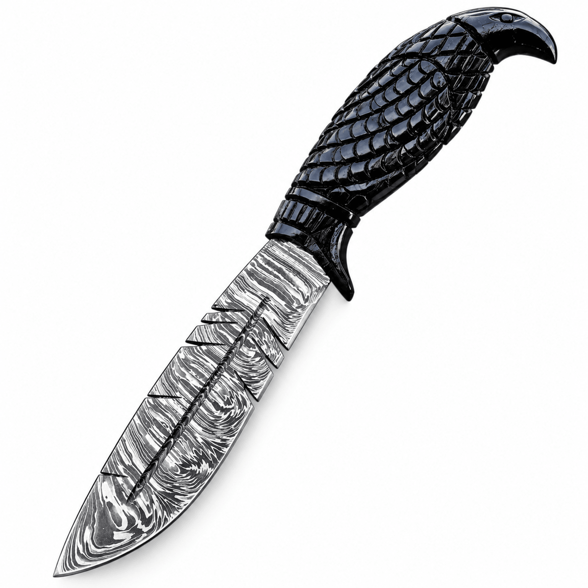 Black eagle head carved handle with feather scale detail and hooked beak
