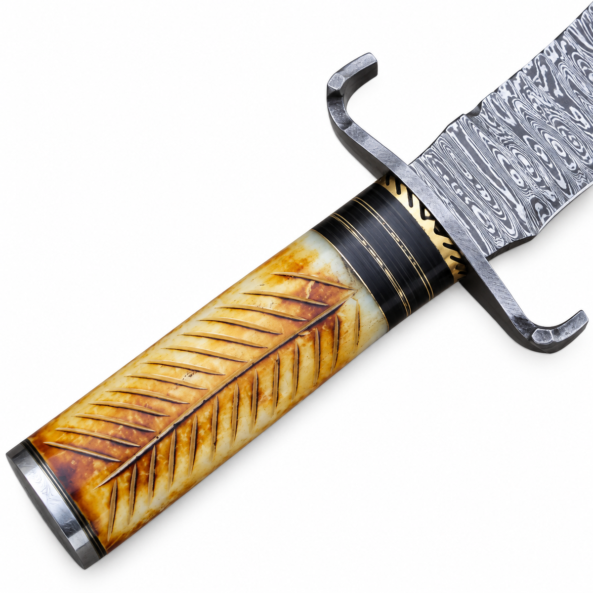 18-inch Damascus Bowie with feather-carved camel bone grip and steel end cap