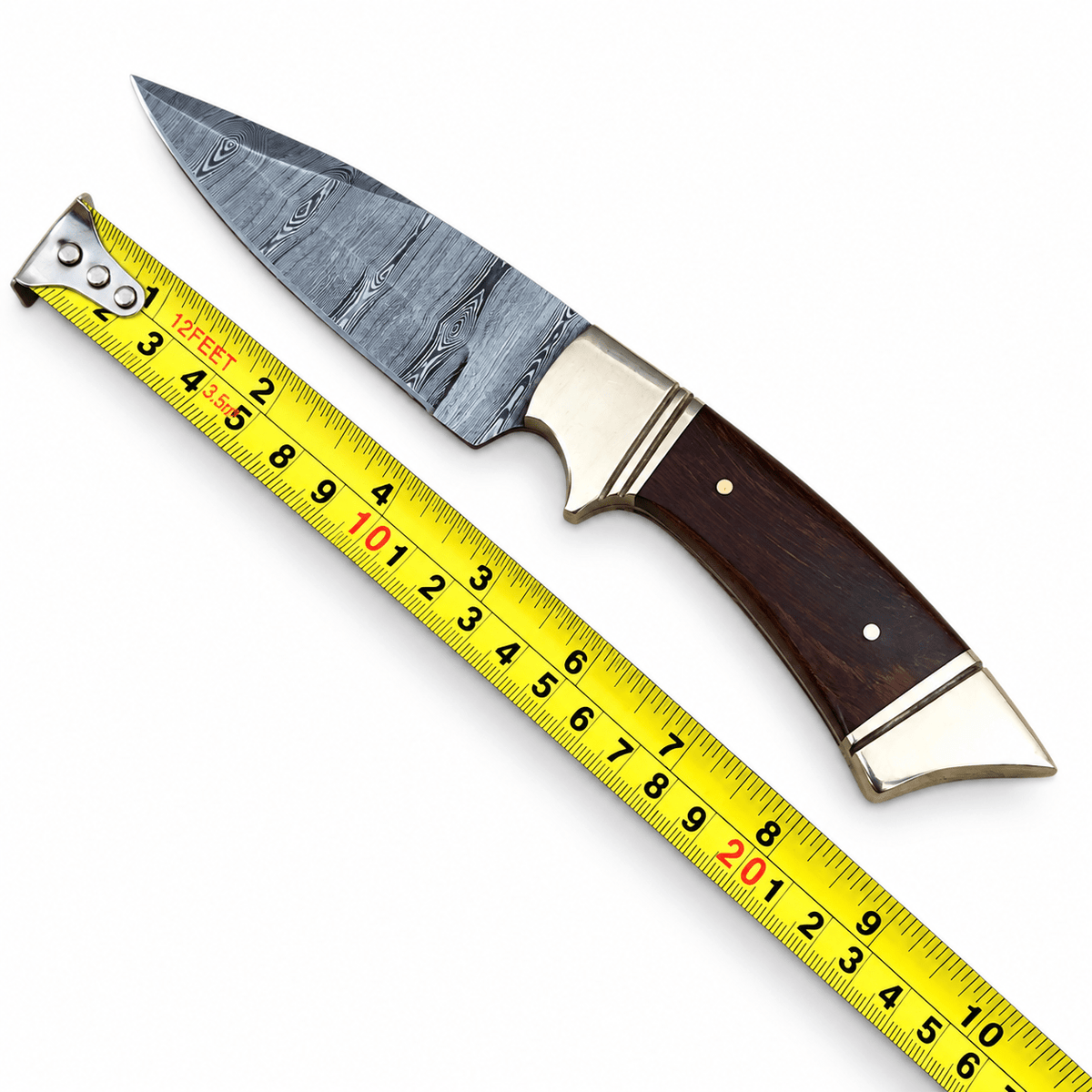 Wood handle with brass pins and flared pommel cap on a skinner knife
