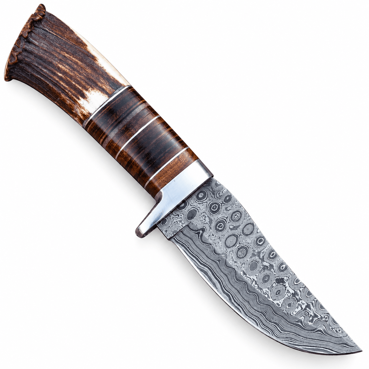 4 inch Damascus drop point blade with large ring and swirl pattern
