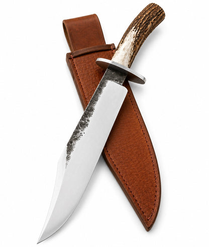 Large Fixed Bowie Knife – Blade with Stag Antler Handle & Leather Sheath Unique Blades Runner
