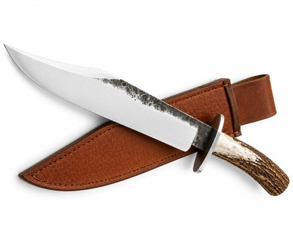 Large Fixed Bowie Knife – Blade with Stag Antler Handle & Leather Sheath Unique Blades Runner