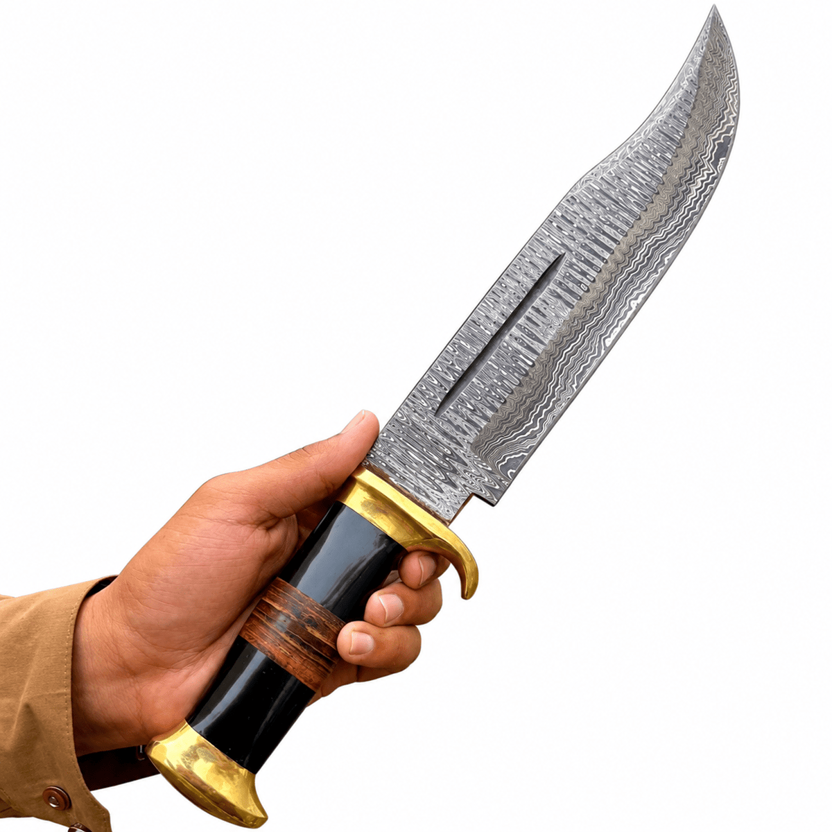 12 inch Damascus steel Bowie blade with long center groove and curved point