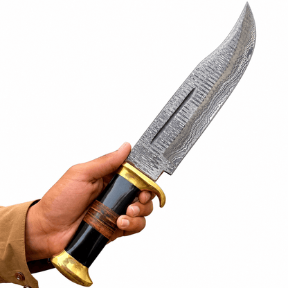 12 inch Damascus steel Bowie blade with long center groove and curved point