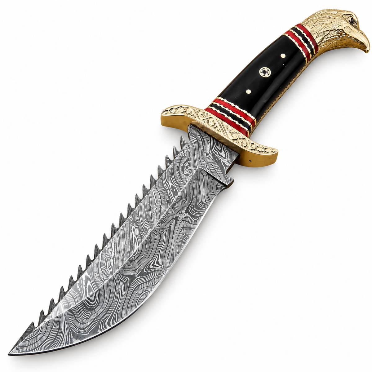 12 inch Damascus steel Bowie knife with micarta and brass handle
