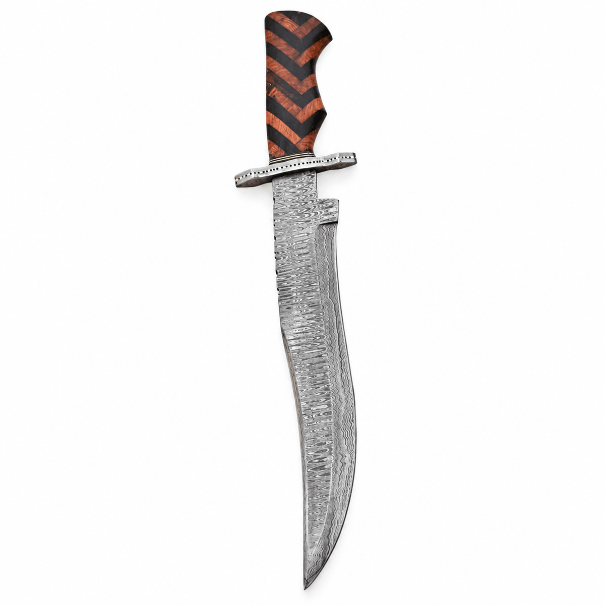 12 inch Damascus steel blade with rippled layered pattern and curved point
