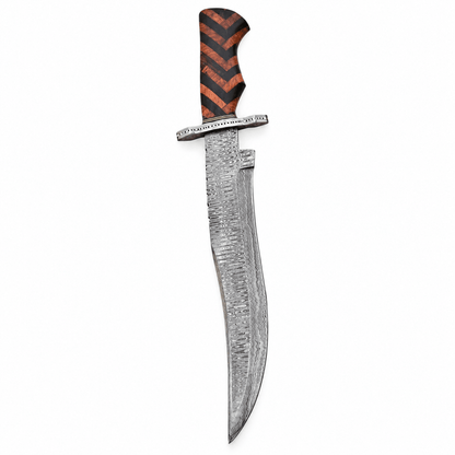 12 inch Damascus steel blade with rippled layered pattern and curved point
