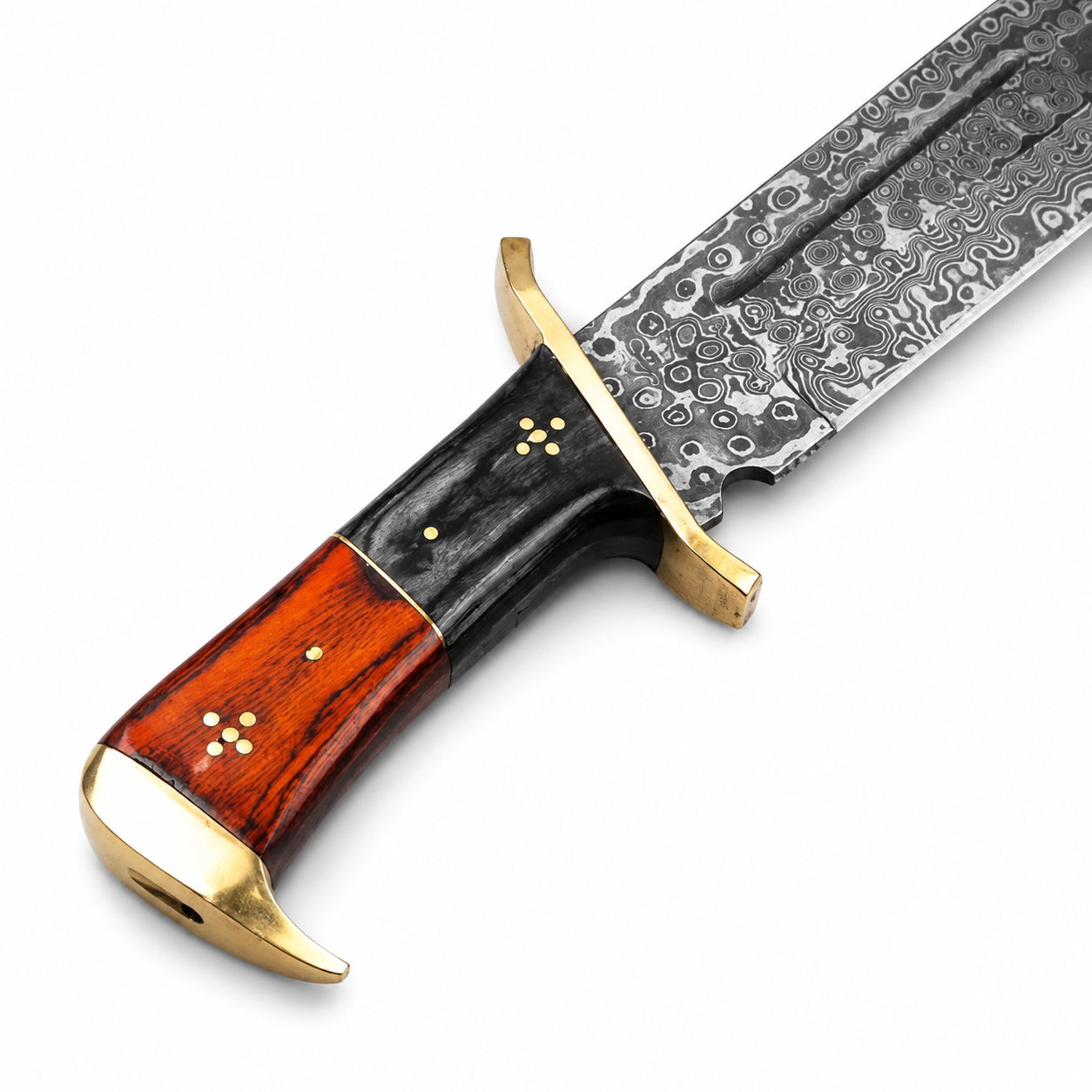 Timber Rattler Damascus Steel Bowie Knife with Brass Guard & Leather Sheath Unique Blades Runner