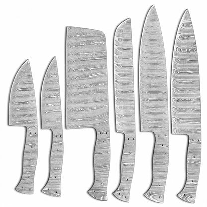 Layered Damascus pattern on large chef knife blank with drilled handle holes