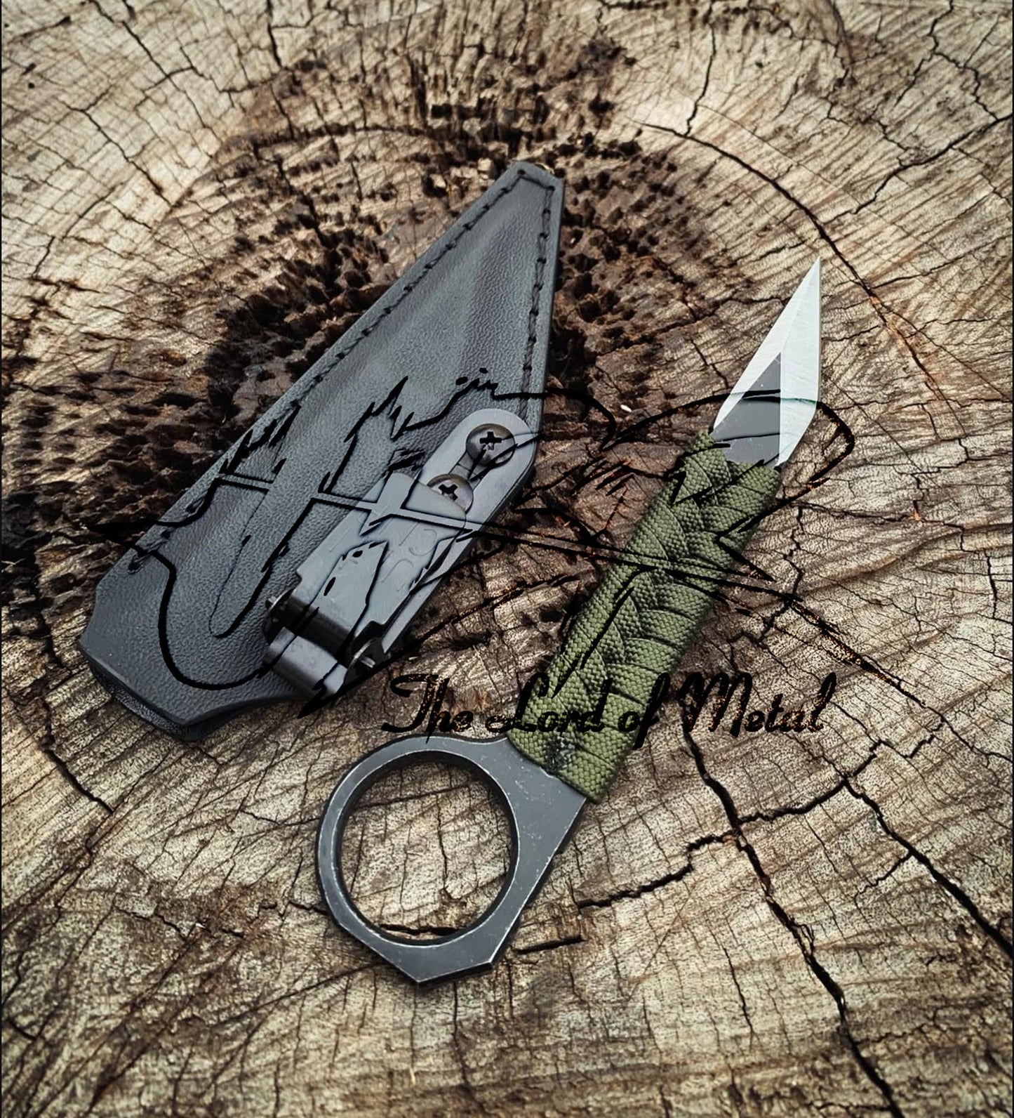 EDC Tactical Knife – Green Paracord Ring Handle Blade with Leather Sheath Unique Blades Runner