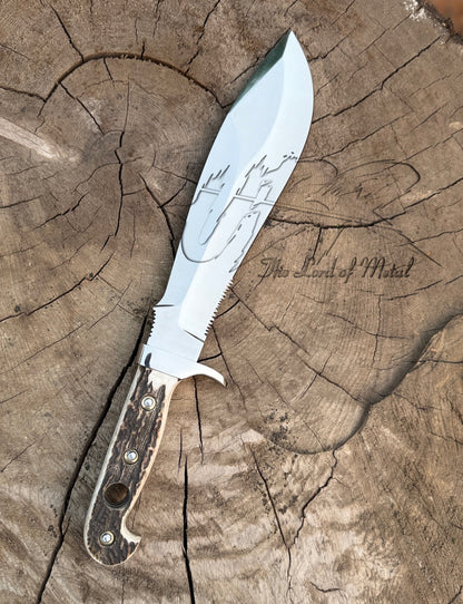 Custom Handmade Bowie Knife | Stag Handle Survival Mirror Polish Bowie Knife Unique Blades Runner