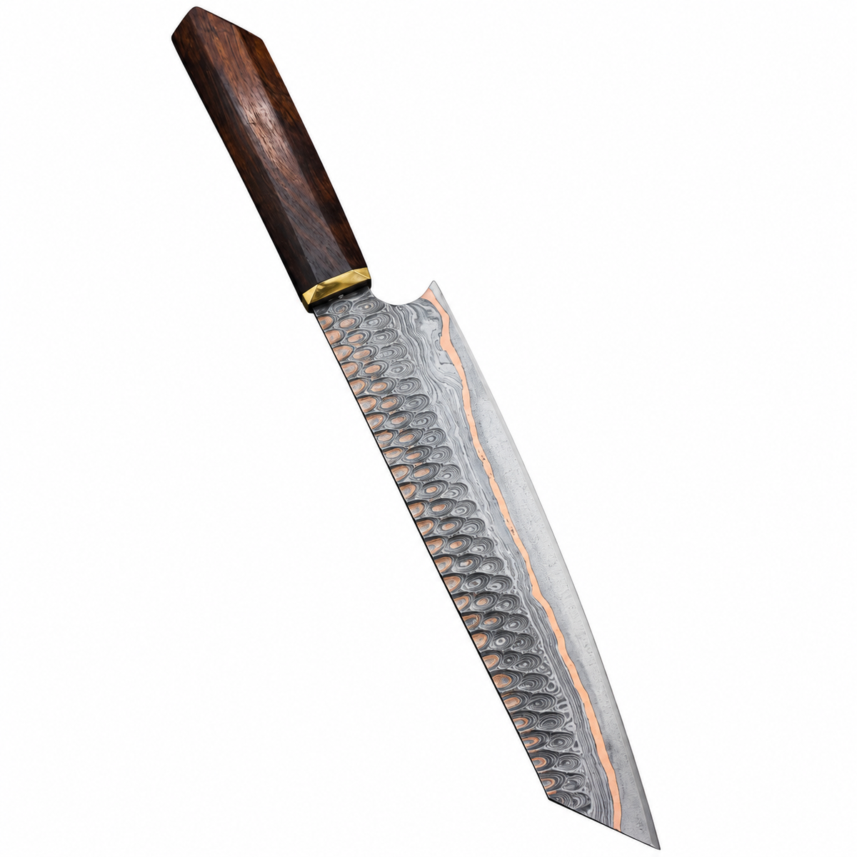 Damascus steel with copper teardrop pattern on handmade kiritsuke chef knife
