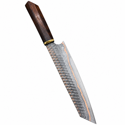 Damascus steel with copper teardrop pattern on handmade kiritsuke chef knife
